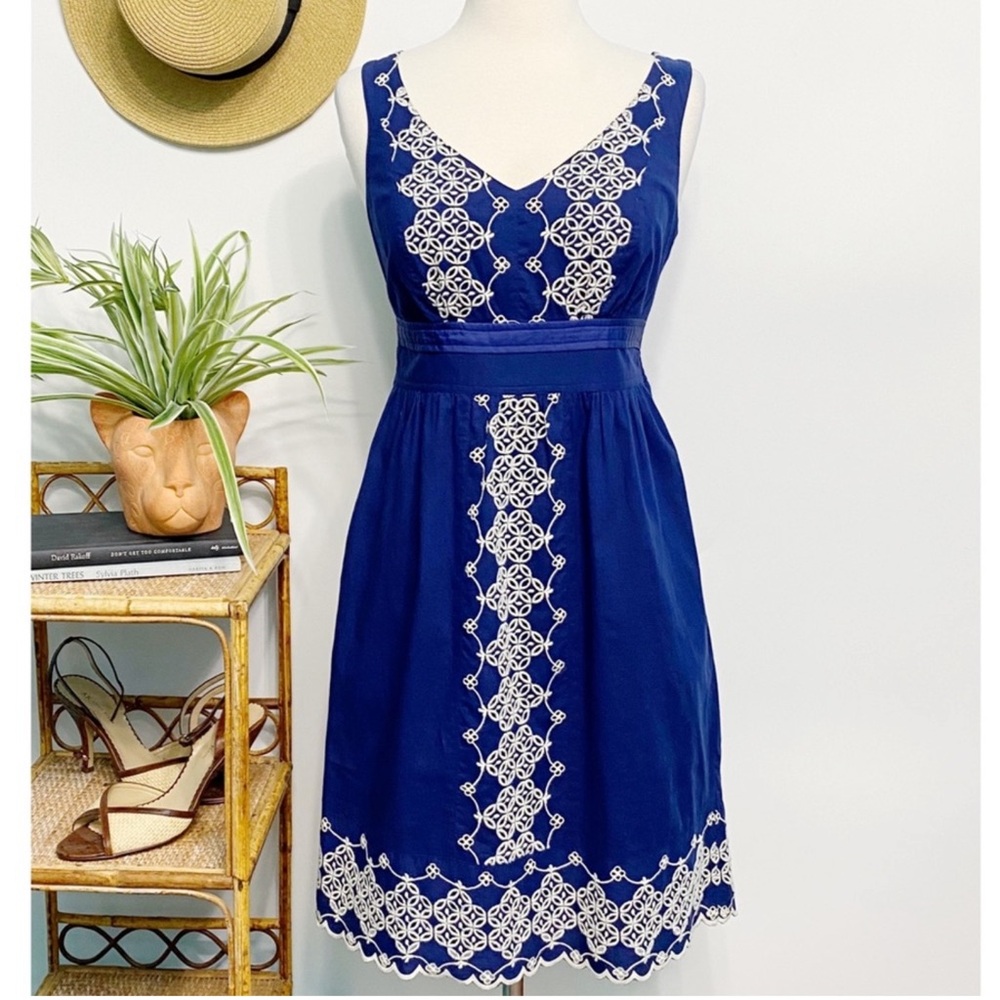 Anthropologie Edme & Esyllte Blue and White Embroidered Mini Dress